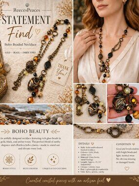 Artisan Boho Glass Beaded Necklace Gold Black Amber Statement